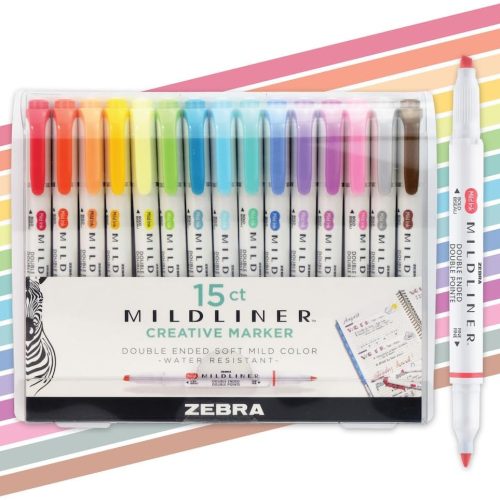 1 Zebra Pen Mildliner Double-Ended Highlighter Set, Broad and Fine Point Tips, Ideal for Bible Highlighting, No Bleed, Assorted Ink Colors, 15-Pack (78115)
