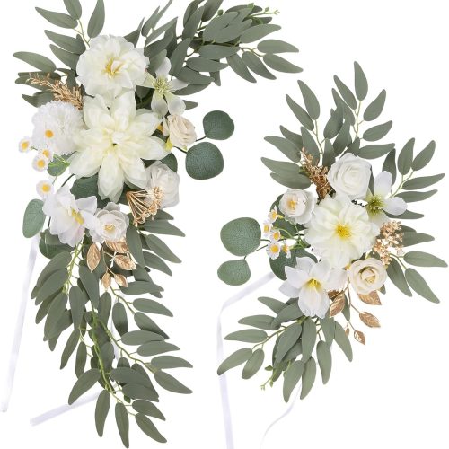 1 IPOPU Artificial Wedding Arch Flowers Set of 2 Faux Arch Flower White Floral Swags for Wedding Welcome Reception Ceremony Sign Decoration (White)