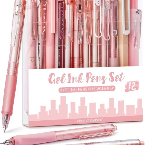 1 Four Candies Rose Series Gel Pens, Cute Writing Pens with Black & Pink Ink, 0.5 mm Smooth Fine Point, School Office Supplies Girly Stationery Aesthetic Desk Accessories for Women, Set of 12