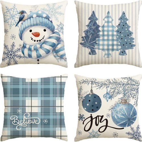 1 AVOIN colorlife Winter Snowman Joy Snowflake Christmas Throw Pillow Covers, 18 x 18 Inch Xmas Tree Winter Holiday Buffalo Plaid Cushion Case Decoration for Sofa Couch Set of 4