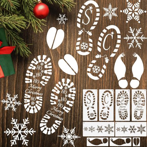 1 DIYASY 9 Pcs Christmas Santa Footprint Stencils, Reusable Snowflake Stencils for Painting Large Crafts Stencil Elf Foot Print Templates Holiday Xmas Decorations