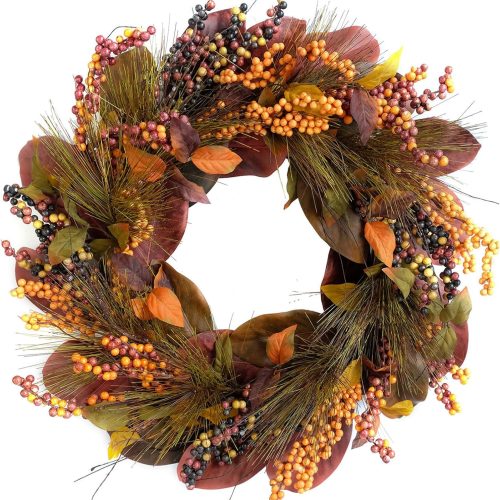 1 TEMPUS 20 inch Thanksgiving Wreath Magnolia Leaves with Pine Needle Yellow Berry Wreath for Front Door Harvest Festival Decor Window Wedding Autumn Outdoor Indoor Décor