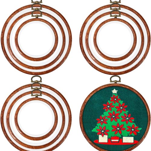 1 DoubleFill 9 Pcs Round Embroidery Hoops Sizes from 3.5 in to 5.3 in Frame Circle Rubber Hoops Ring Hanging Display Cross Stitch Ornament Gift Vintage Imitated Wood Frame Kits for Craft Sewing Gifts