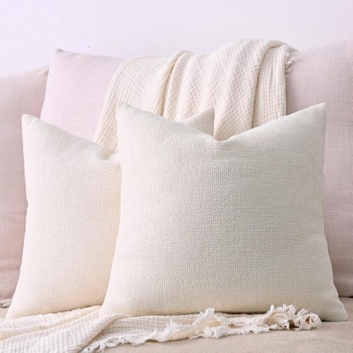 1 Set of 2 Chenille Linen Decorative Throw Pillow Covers 18x18 Inch Textured Farmhouse Pillow Covers for Bed Couch Sofa Living Room Rustic Cushion Cases, Cream White