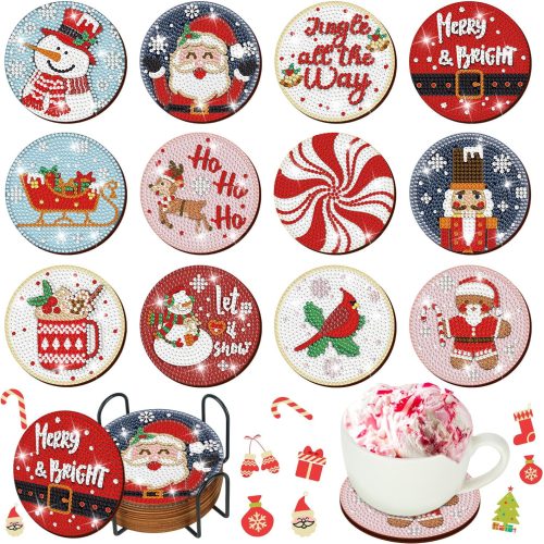 1 12 Pcs Christmas Diamond Painting Coasters Kits with Holder Diamond Art Christmas Coaster for Adults DIY Art and Craft Supplies(Santa Claus)