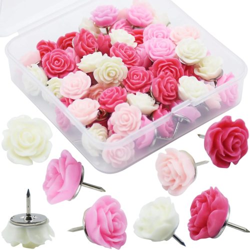 1 60Pcs Decorative Pushpins, Red Rose Flower Push Pin with Gradient Color, Cork Board Tacks, Bulletin Board Tacks, Thumb Tack Decorative for CorkBoard, Office Organization, School or Home