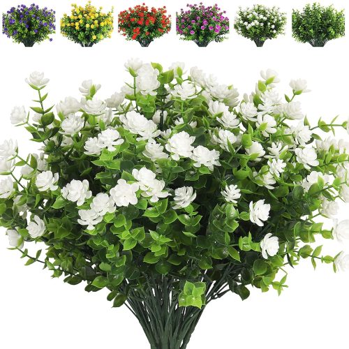 1 RECUTMS Artificial Flowers, Fake Boxwood Outdoor UV Resistant Plants Artificial Springs Flowers Eucalyptus Greenery Shrubs Bridal Wedding Bouquet for Home Garden Party Wedding Decoration(White)