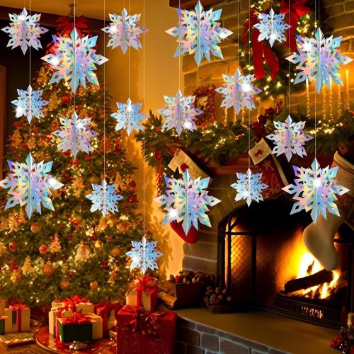 1 18PCS Christmas Hanging Snowflakes Decorations, 3D Holographic Paper Snow Flakes Garland Iridescent for Frozen Winter Wonderland Party Holiday New Year Home Decor
