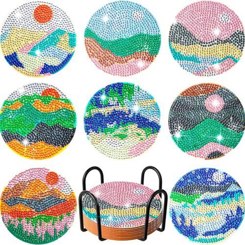 1 Diamond Painting Coasters Kits 8 Pcs Mountain Hill Scenery Landscape Abstract Coaster with Holder Funny DIY Art Crafts Gift