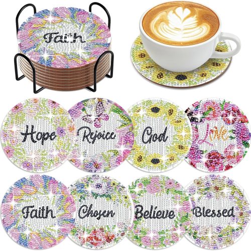1 8 Pcs Flower Diamond Art Coasters with Holder DIY Bible Verse Diamond Painting Kits for Beginners Adults Craft Supplies Gift