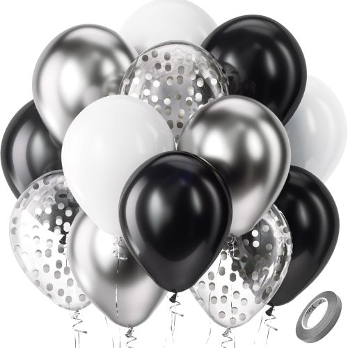 1 Bezente Black Silver Confetti Latex Balloons,60pcs 12 inch Black White Silver Metallic Chrome and Confetti Balloons for New Year Birthday Baby Shower Wedding Theme Party Decoration