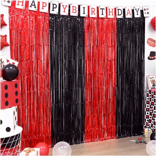 1 LOLStar Casino Party Decorations, 3 Pack Red and Black Birthday Party Supplies 3.3 x 6.6ft Tinsel Foil Fringe Curtains Photo Booth Props Backdrop Streamers, Decor for Vegas Poker Party