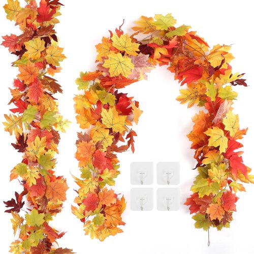 1 Joyhalo 2 Pack Fall Leaves Garland for Mantle, Autumn Leaf Garland Indoor Outdoor Fall Decorations for Home, Hanging Maple Leaves for Mantle, Door Frame, Fireplace and Thanksgiving Decor