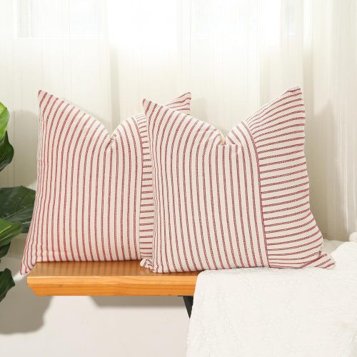 1 Hckot Christmas Pillow Covers 18x18, Red Throw Pillow Covers Set of 2, Striped Linen Decorative Pillows Cushion Covers for Couch Chair Beding Xmas Winter Decorations(Red)