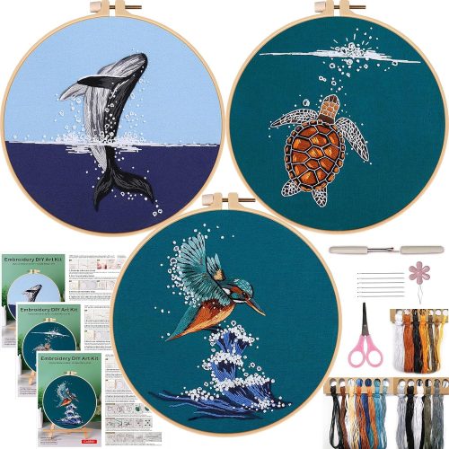 1 FONNUY 3 Set Crewel Embroidery Kit for Beginners, Animals Pre-Stamped Pattern Kits for Adults with Hoop, Easy to Follow Needlework, 8''