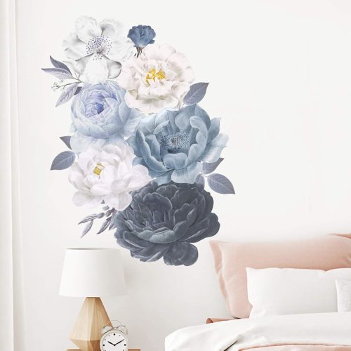 1 ROFARSO Flowers Wall Stickers Watercolor Black White Blue Peony Nature Plant Vinyl Removable Peel and Stick Wall Decals Art Picture Decorations Decor for Teens Girls Bedroom Living Room Murals