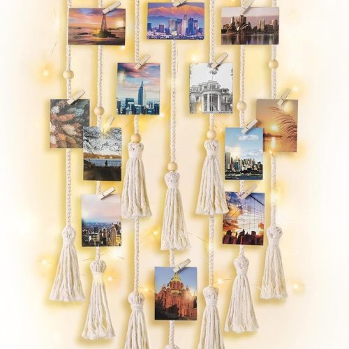 1 Mkono Hanging Photo Display Boho Macrame Wall Decor with Light, Teen Girl Teenage Gifts, Pictures Cards Frame Holder Art Hanger for Christmas Birthday Party Bedroom Dorm, with 30 Wood Clips, Ivory