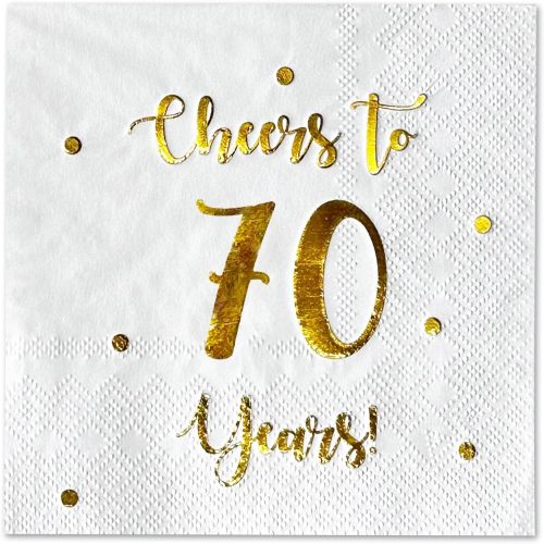 1 Cheers to 70 Years Cocktail Napkins | Happy 70th Birthday Decorations for Men and Women and Wedding Anniversary Party Decorations | 50-Pack 3-Ply Napkins | 5 x 5 inch folded (White)