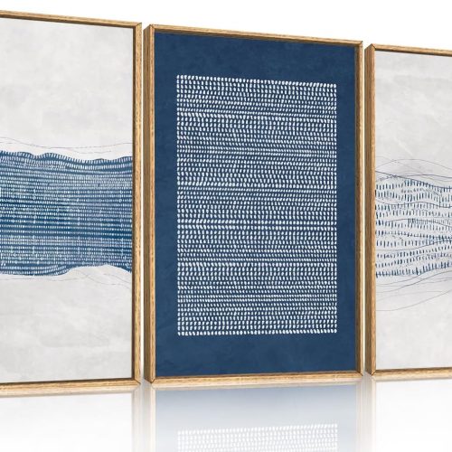 1 Large Abstract Navy Blue and White Framed Canvas Wall Art,Minimalist Boho Waves Lines Wall Decor,Modern Mid Century Artwork,Neutral Geometric Art Print for Living Room,Bedroom,Office- 16"x24"x3