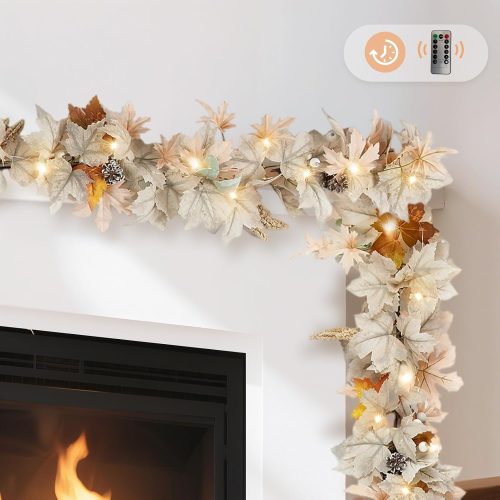 1 NUPTIO Fall Leaves Garland with Lights: 6Ft Autumn Maple Leaf Garlands for Thanksgiving Harvest Halloween - Fall Decor 40 LED 8-Mode Lights with Remote Timer for Mantle Fireplace Porch Table