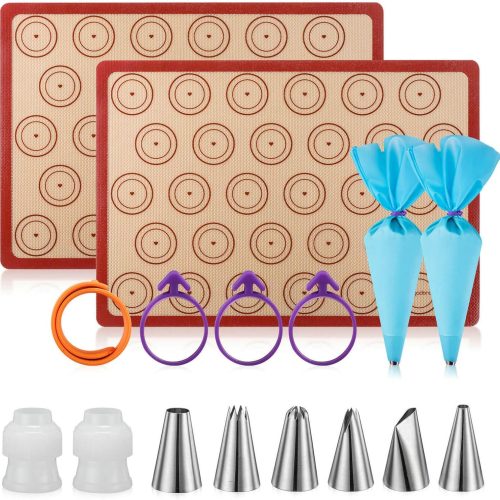 1 Angadona Macaron Silicone Baking Mats Kit (16pcs set) Macaroon Baking Mat Set of 2 Half Sheet Macaron Silicone Mat Nonstick Macaron Mat Sheet,6 Piping Tip,2 Piping Bag with 3 Bag Tie,2 coupler