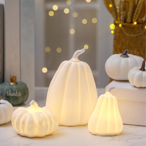 1 Domensi 3 Pcs Thanksgiving Lighted Ceramic Pumpkin Fall Decorations Autumn Table Centerpiece Porcelain White Pumpkin Figurines for Indoor Home Harvest Tabletop Thanksgiving Christmas Winter Decor