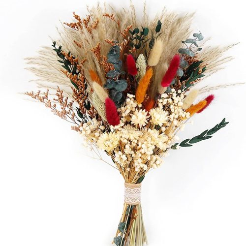 1 Dried Flower Bouquet, 17" Natural Dried Pampas Grass Decor, Boho Pampas Dried Flower Arrangements Contains Bunny Tails Dried Flowers Eucalyptus and Reed Grass for Wedding Home Decor Fall Decor