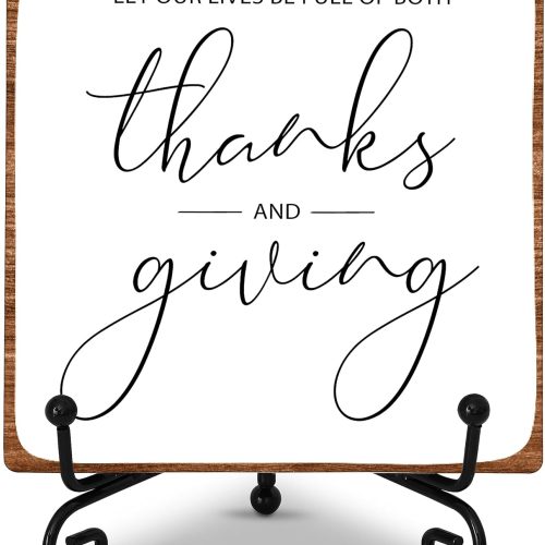 1 Fall Harvest Desk Decor, Thanksgiving Wooden Sign Gifts for Women Men, Let Our Lives Be Full Of Both Thanks And Giving Plaque With Iron Stand, Farmhouse Home Office Autumn Decorations -19