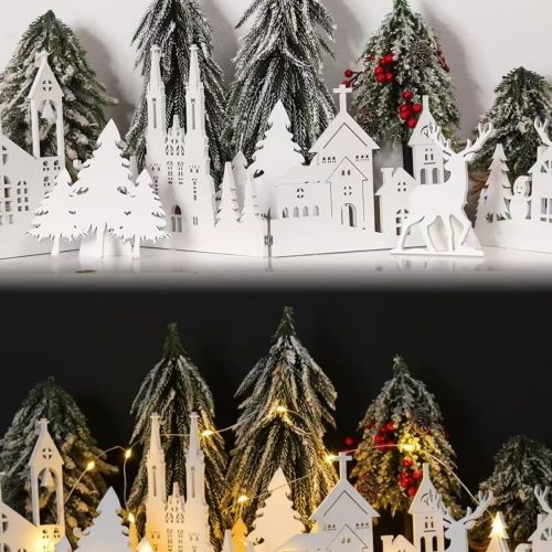 1 32 Inch Christmas Tabletop Decoration Wooden Christmas Themed White Church Xmas Tree and Elk Signs Farmhouse Centerpiece Decor for Home Kitchen Table Shelf Decor