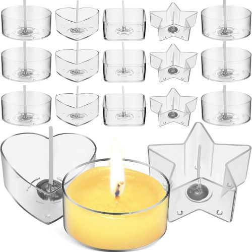 1 100pcs Wicks with 40pcs Plastic Clear Tea Light Candle Cup Holders set, 10pcs each in Heart Square Round Star Shaped Tealight Cups Votive Containers for DIY Candle Making