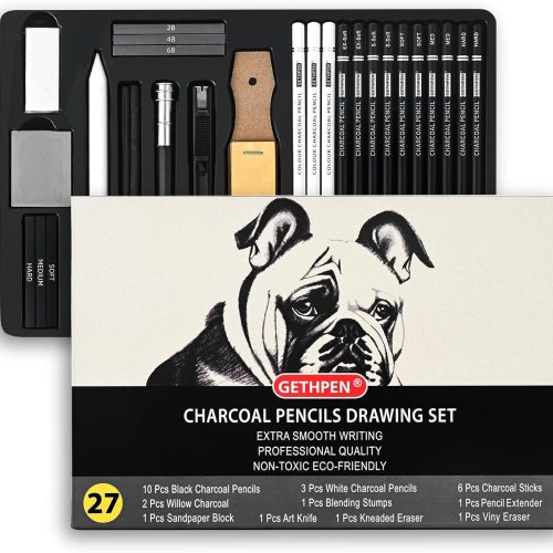 1 27 Piece Charcoal Drawing Set - Professional Black & White Charcoal Pencils for Sketching, Shading & Blending, Graphite Sticks with Artist Art Supplies Kit (Beginners & Professionals)