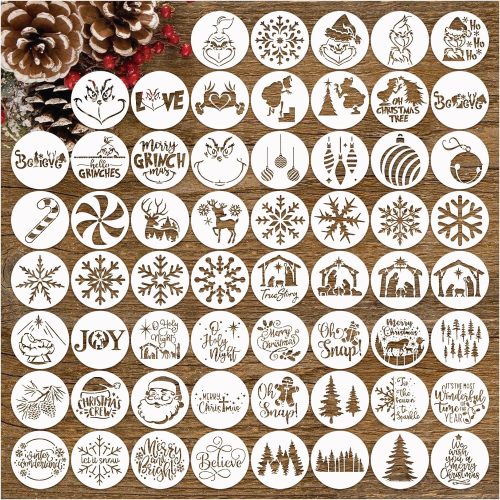 1 Small Christmas Stencils for Painting on Wood Reusable, Mini Round Holiday Merry Christmas Ornament Stencils for Tree Crafts Cookie Baking Decorating Card (60 Christmas 3in round), white