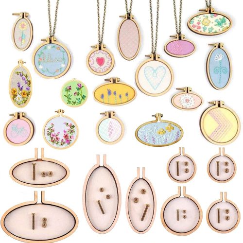 1 8PCS Small Ring Embroidery Hoop Wooden Mini Cross Stitch Hoop Mini Round Oval Wood Hoops for Frame Craft and Hanging DIY Embroidery Necklace Pendant Jewelry Keychain Crafts