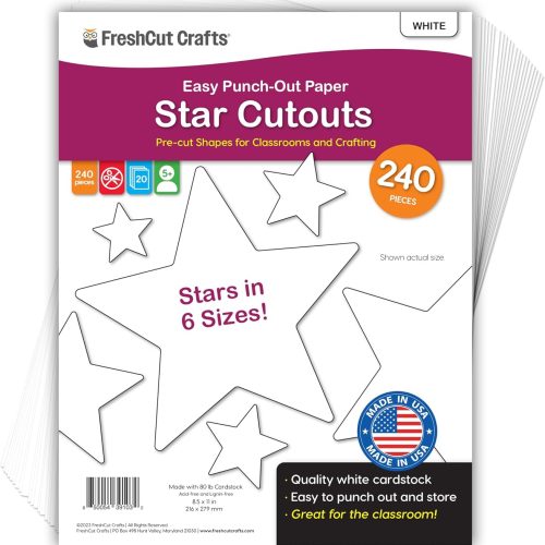 1 240 Pieces Star Cutouts, 2-Sided US Made Card Stock Punch Out White Stars for Bulletin Boards, Classroom Decor, Back to School DIY Craft Projects, Party Decoration, Hollywood Themed Events