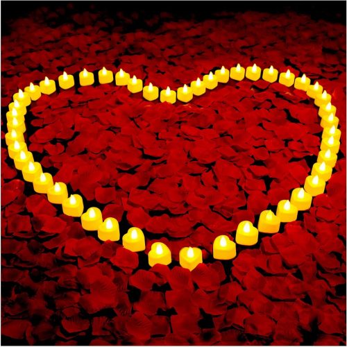 1 VIPbuy 3000 Pcs Artificial Rose Petals with 48 Pcs Heart Flameless Candles Battery LED Tea Lights Candles Set Valentine's Day Wedding Anniversary Decoration