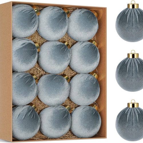 Christmas Tree Ornaments Velvet Balls, 12 PCS Plastic Shatterproof Xmas Hanging Balls for Winter Holiday Decor 80mm 3.15 inch Grey