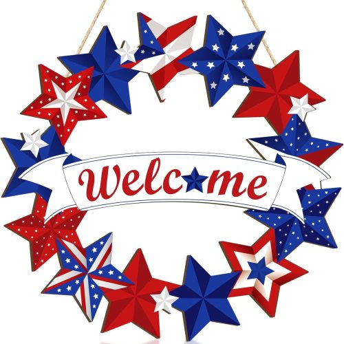 1 Wooden 4th of July Decoration Door Wreath for Front Door Sign Star Wall Signs, Independence Day Patriotic Day Wreath Welcome Memorial Day Hanging for Home Wall Decor Party Outdoor Indoor