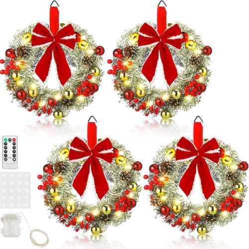 1 Ceenna 4 Pcs Pre-lit Artificial Christmas Wreaths 14 Inch Timer Lighted Christmas Wreaths with Bow Red Berries Pinecone Pine Needles 8 Model LED Light Xmas Wreath for Front Door Window Wall Holiday