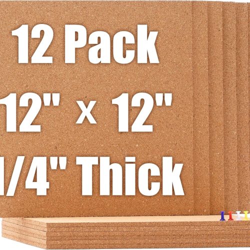 1 SUNGIFT Cork Board 12"x12" -12 Pack Bulletin Boards 1/4" Thick Square Decorative Cork Tiles with 100 PCS Push Pins Double-Sided Adhesive Corkboards Tiles for Wall Office