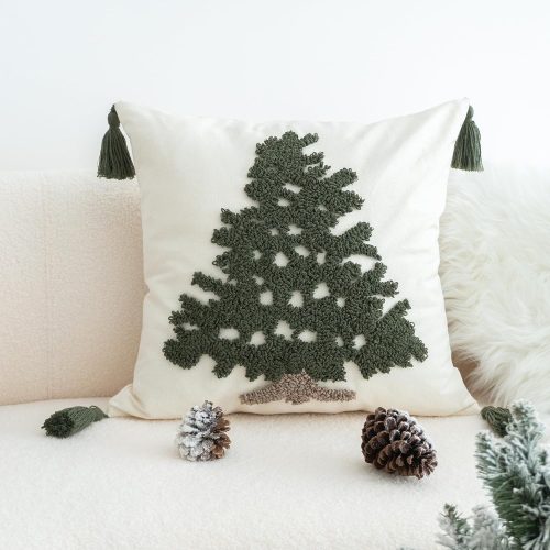 1 Green Tufted Christmas Tree Throw Pillow Cover, New Year Farmhouse Pillowcase with Tassels, Hand Woven Cushion Sham for Winter Holiday Home Decor, 18x18 inch, 1PCS(Fir Tree)