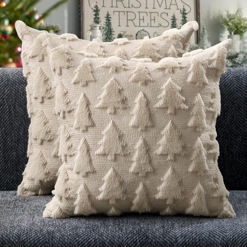 1 DFXSZ Christmas Tree Pillow Covers 18x18 inch Set of 2 Christmas Decoration Beige Soft Plush Faux Fur Jacquard Throw Pillows for Bedroom Sofa Holiday Festivals Winter Home Decor PTK006C18