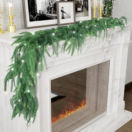 1 Norfolk Pine Garlands with Light String, 6Ft Artificial Soft Christmas Pine Garland, Green Real Touch Greenery Garland for Table, Mantle, Staires, Wall, Premium Indoor/Outdoor Christmas Decorations