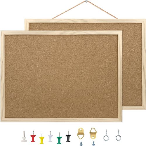1 2 Pack Cork Board Bulletin Board, 15.7"X 11.81" inches with Oak Wood Finish Frame, for Wall Office Home and School (Pins, Eye Bolts, gaskets, Screws)