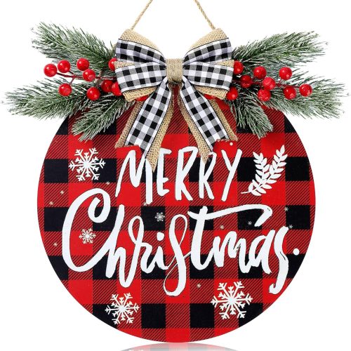 1 Sggvecsy Christmas Door Sign Buffalo Plaid 12'' Welcome Sign Xmas Decorations Merry Christmas Wreath for Porch Wall Hanging Wreath Rustic Farmhouse Window Holiday Winter Wooden Indoor Outdoor Decor