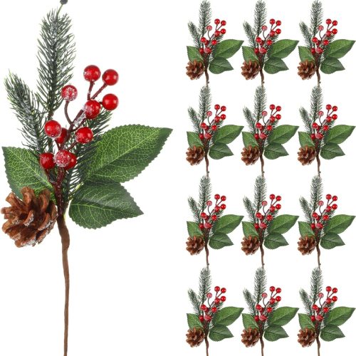 1 Boao 12 Pcs 11'' Large Christmas Pine Picks Tree Decoration Red Berry Picks and Sprays with Cone Artificial Fake Branches Snowy Floral Flower Holly Pine for Tree Crafts Decor Faux Stem
