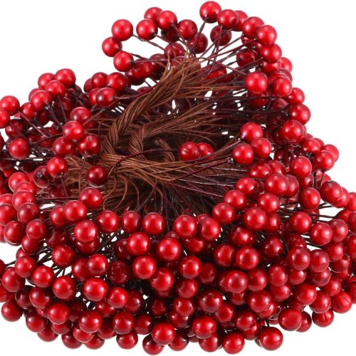 1 BBTO Artificial Holly Berries on Wire Stems, 250 Stems with 500 Pieces 8 mm Fake Berries for Tree Decorations Wreath Craft Use Wedding Party Favor (Dark Red)