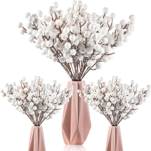1 Geosar 30 Pieces Artificial Christmas Berry Picks with Snowflake Glitter Artificial Holly Berry Stems for Christmas Tree Ornaments Vases DIY Crafts Home Wedding Party Holiday Decor(White)
