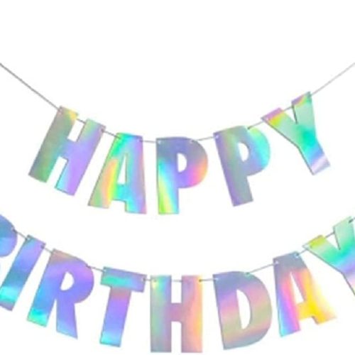 1 Pre-Strung Happy Birthday Sign - NO DIY - Holographic Hanging Banner Iridescent White Bunting String Flag Garland for Party Decorations (Holographic)