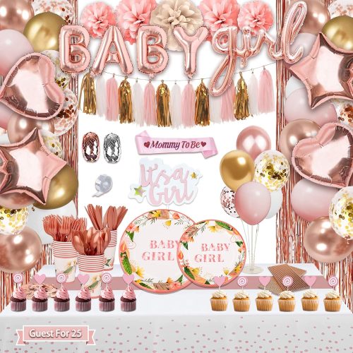 1 303 Pcs Baby Shower Decorations For Girl, Girl Baby Shower Decorations Kits - Disposable Dinnerware Set With Pink Rose Gold Floral (25 Guest), "BABY girl" Banner, Balloon, Sash, Cake Topper