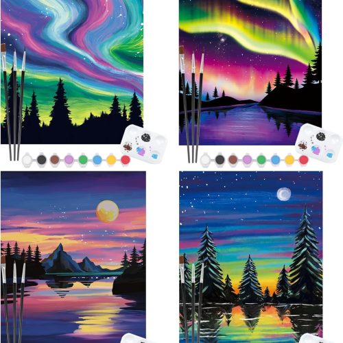 1 Nuberlic 4 Pack 8x10 Inches Canvas Painting Pre Drawn Stretched Canvas for Painting for Adults Kids Paint Party Set Pre Drawn Outline for Paint and sip for Adult's Date Night Natural Scenery